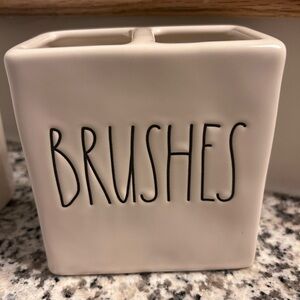 Rae Dunn Cream Ceramic Brush Holder with Black Lettering